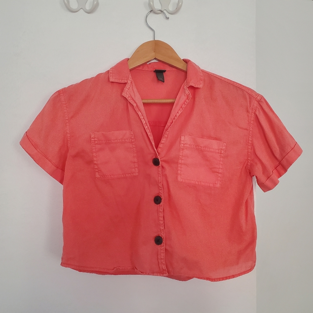 Bright Neon Orange/Pink Crop Button Down Shirt